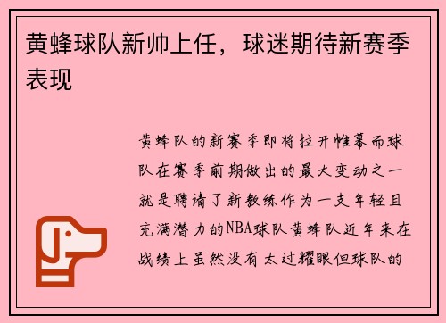 黄蜂球队新帅上任，球迷期待新赛季表现