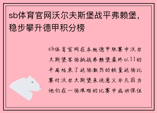 sb体育官网沃尔夫斯堡战平弗赖堡，稳步攀升德甲积分榜